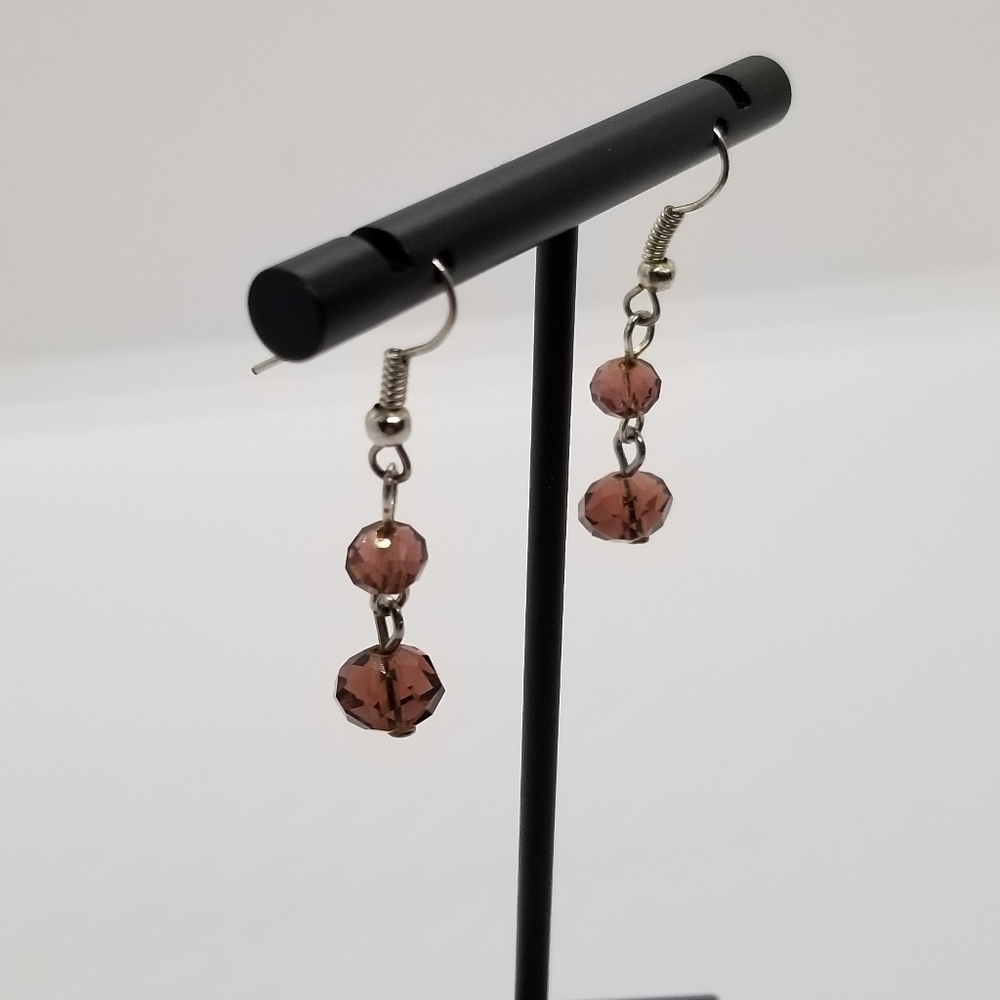 faceted glass bead dangle earrings purple brown